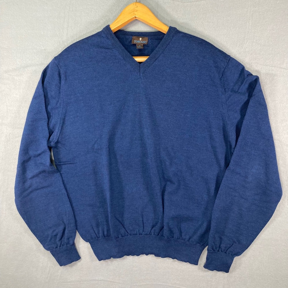 Toscano Mens XL Merino Wool V Neck Sweater Blue Long Sleeve Italy Knit‎